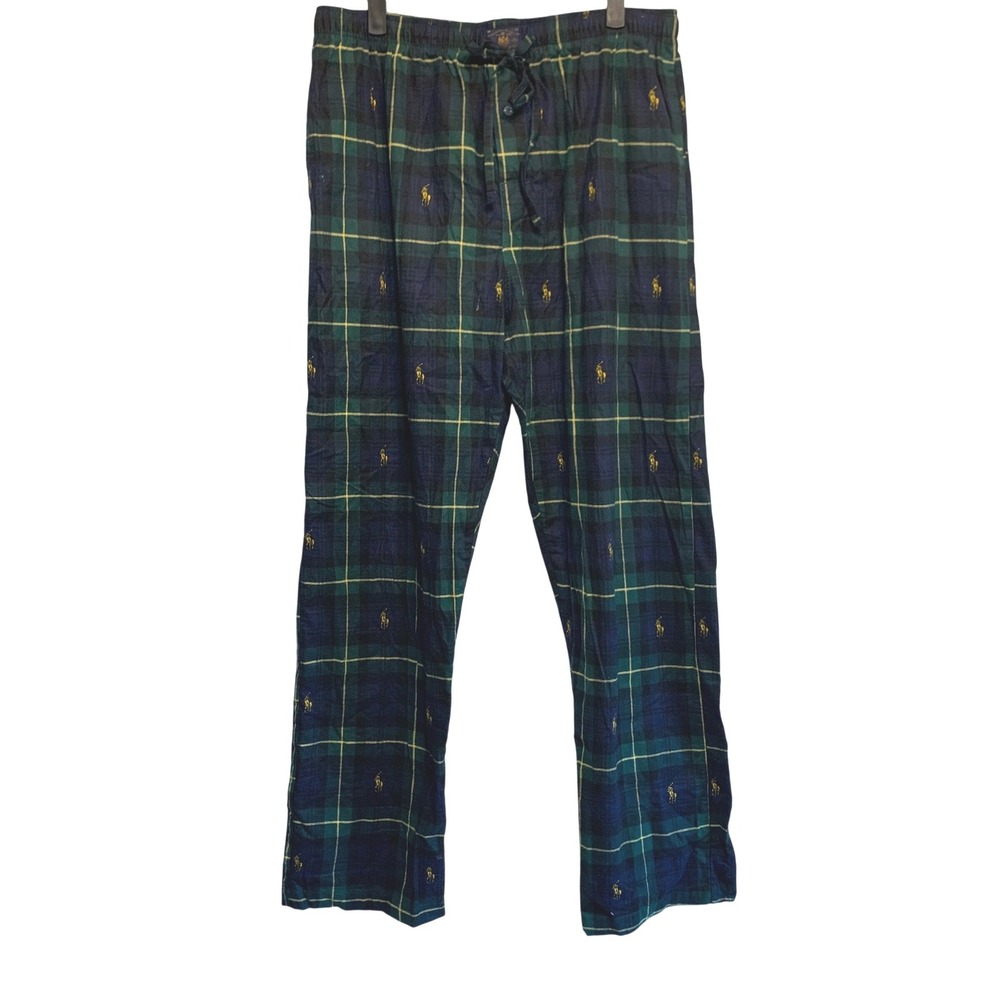 Polo Ralph Lauren Pajama Pants Large Plaid Black Watch Pony Logo Green Navy